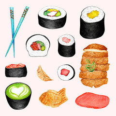 Watercolor Hand Drawn Illustration Asian Japanese Food Sushi Sashimi Maki Roll Tonkatsu Matcha Tea Taiyaki Salmon Clip Art Set Isolated Elemants White Background