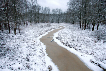 Frozen winter river landscape with ice and snow