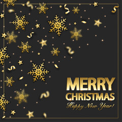 Naklejka premium Christmas background with shining gold snowflake, star and confetti. Merry Christmas card illustration on black background.