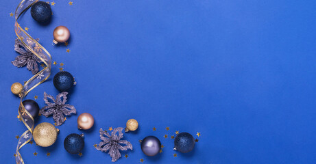 Christmas festive background with New Year's toys balls stars sparkles