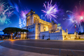 Fireworks display over the National Monument in Rome, Italy
