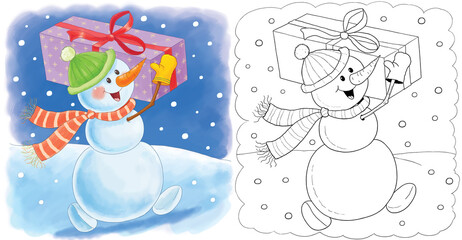 Winter. New Year. Christmas. Illustration for children. Coloring page. Cute and funny cartoon characters