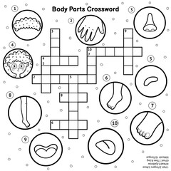 Black and white body parts crossword. My body learning activity and coloring page