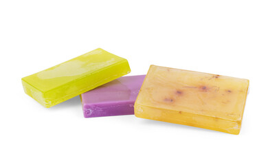 Different soaps in different soap dishes. A lot of solid soap for hygiene and cleanliness. Colorful...