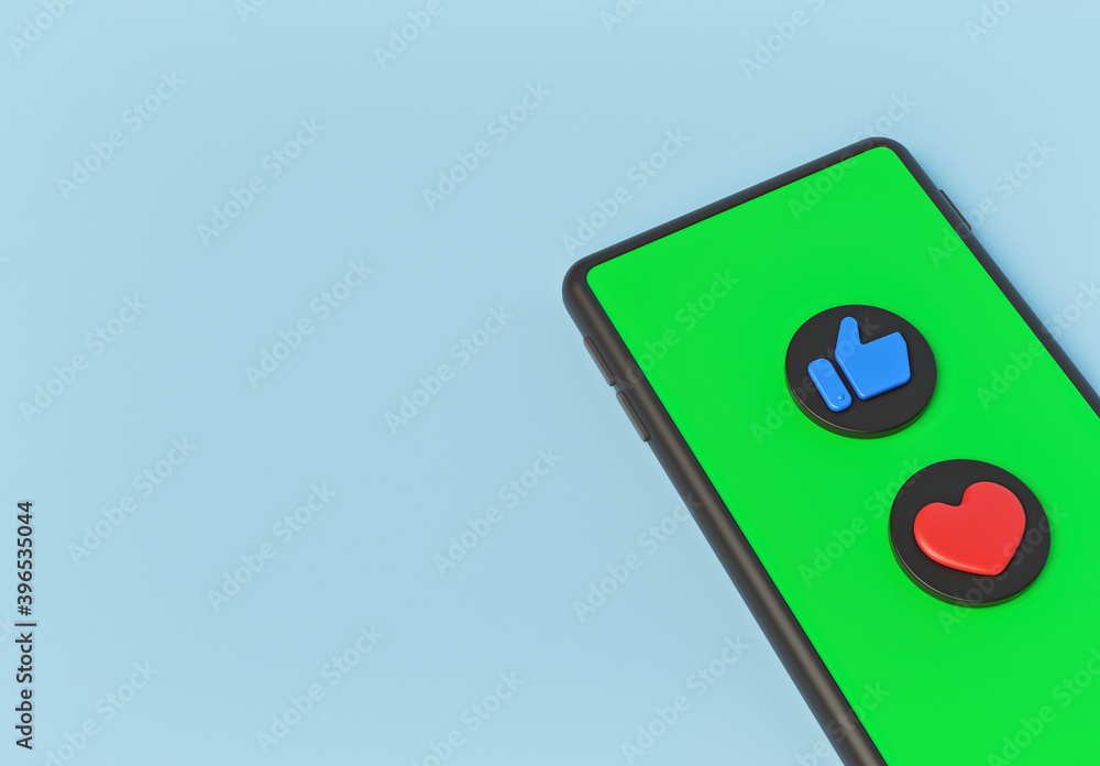 Poster smartphone with like and heart button. minimal social media design with copy space. 3d rendering