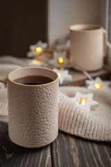 Christmas coffee composition. Champagne color. Minimal lifestyle concept. Selective focus.