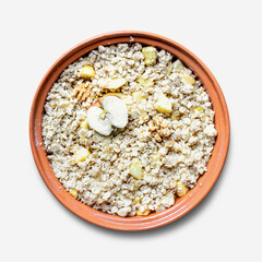 Delicious oatmeal walnuts apple crumble in bowl