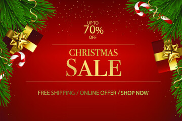 Christmas sale banner, postcard. Background Xmas design of gifts box, decorative green tree pine, gold bow. Vector illustration for winter holiday discounts.