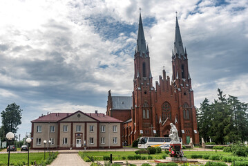 Fototapeta na wymiar Kostel Rozhdestva Devy Marii. Catholic cathedral in Vidzy, Belarus. Church of the Nativity of the Virgin Mary in Vitebsk Region