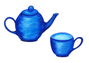 Blue tea set. Set of bright kitchen utensils - teapot and teacup isolated on a white background. Ceramics, porcelain. Watercolor illustration.