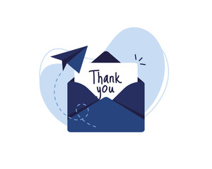 Letter in an envelope with thanks or thank you on white background icon. Send to email, mail. Blue. Flat design. On white background