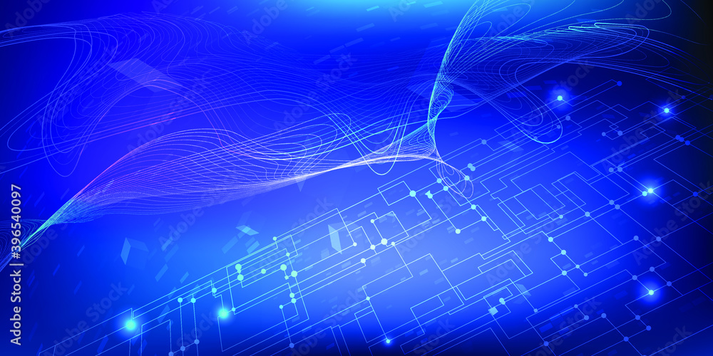 Poster futuristic digital big data technology data block flying in blue digital world with circuit floor an