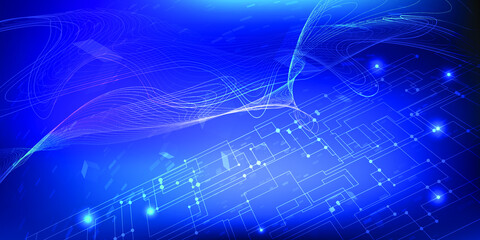 Futuristic digital big data technology data block flying in blue digital world with circuit floor and line connecting wave shape.Vector illustrations.