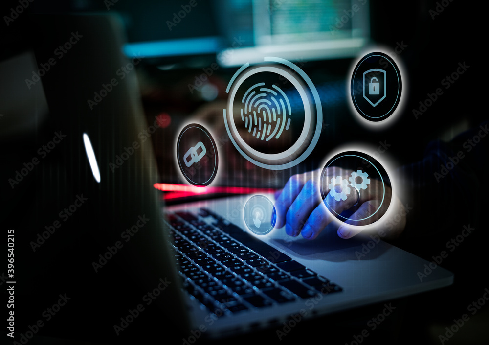 Poster man cracking the fingerprint scanning system on a laptop