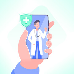 Doctor online concept. Therapist in smartphone screen. Hand holding smartphone, online medical consultation, vector illustration