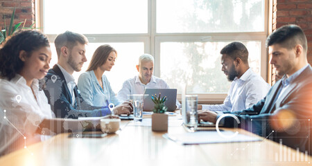 Business team with modern gadgets on meeting at conference room, collage