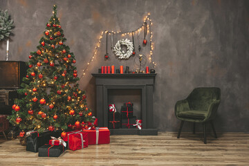 Christmas living room interior design with xmas tree decorated garland and ball, presents, gifts, fireplace and candles