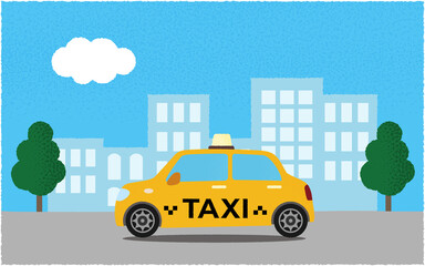 都市の道路を進む黄色いタクシーのベクターイラスト