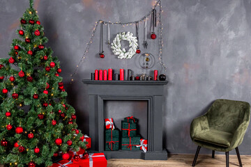 Christmas living room interior design with xmas tree decorated garland and ball, presents, gifts, fireplace and candles