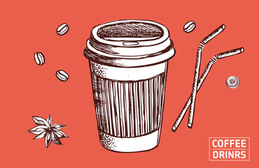 Coffee cup cartoon hand drawn illustration. 