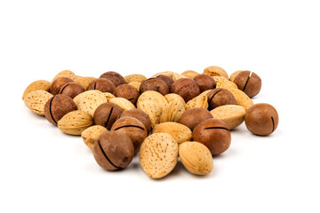 Assorted Nuts. Background of nuts - macadamia, almonds, isolated on white background
