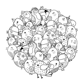 Doodle birds circle shape pattern for coloring book. Coloring page