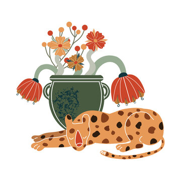 Vector leopard. Boho style. Animal for creating fashion prints, postcard, wedding invitations, banners, arrangement illustrations, books