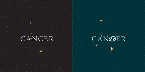 Fototapeta premium Zodiac Constellation Cancer Chiseled Stars and Logo Lettering with Cancer Zodiac Sign Symbol - White and Golden Elements on Black Grunge Background - Mixed Graphic Design