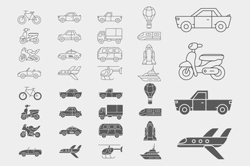 Transportation Icons set - Vector outline symbols and silhouettes of train, car, ship, bicycle, bus, airplane and etc. for the site or interface