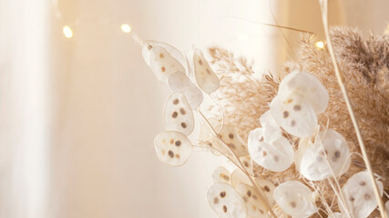 Pampas grass and lunaria are collected in a bouquet for room decor. Bouquet of dried flowers....