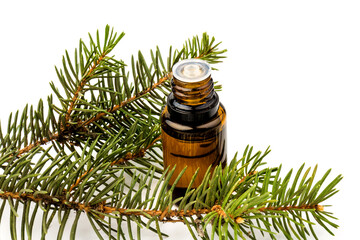 Spruce essential oil in a bottle, with fresh spruce twigs on white background