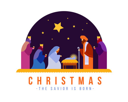christmas , the savior is born banner with Nativity of Jesus scene and Three wise men in night time and star vector design