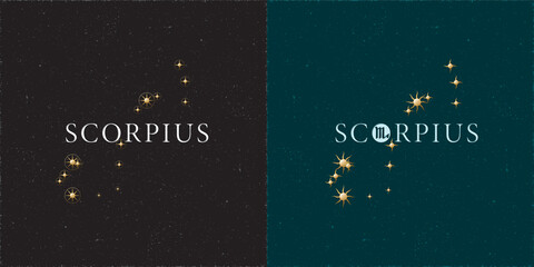 Zodiac Constellation Scorpius Chiseled Stars and Logo Lettering with Scorpio Zodiac Sign Symbol - White and Golden Elements on Black Grunge Background - Mixed Graphic Design