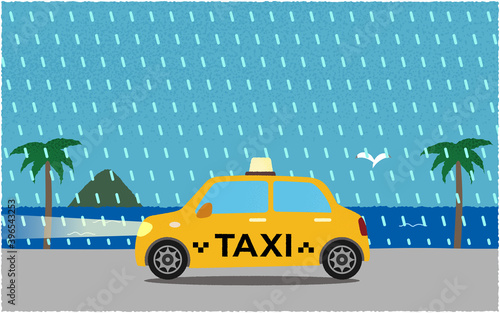 豪雨の中 ライトを点けて海沿いの道を進む黄色いタクシーのベクターイラスト Wall Mural Icim