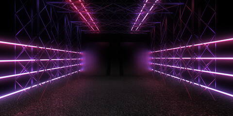 3D abstract background with neon lights. neon tunnel .space construction . 3d illustration