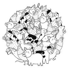 Circle shape coloring page with funny farm characters. Cute animals black and white print
