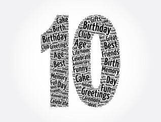 Happy 10th birthday word cloud, holiday concept background