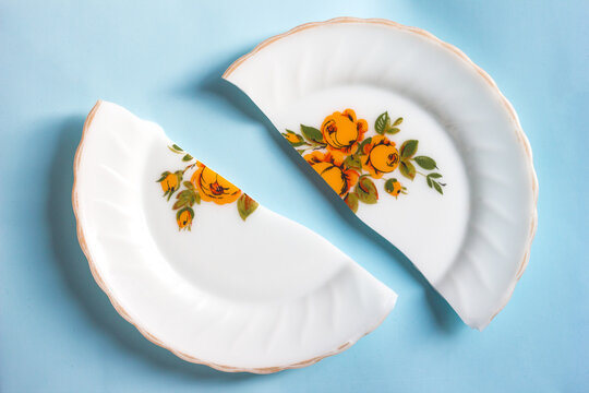 Broken in two halves a plate with a pattern in flowers on a blue background
