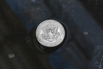 Half dollar coin on a wet stone