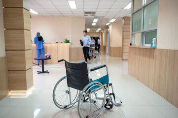 Empty wheelchair on corridor in the hospital