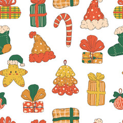 Vector seamless pattern with christmas elements. Illustration in  flat style for greeting cards, packaging, postcard, banners.Happy winter vacation.