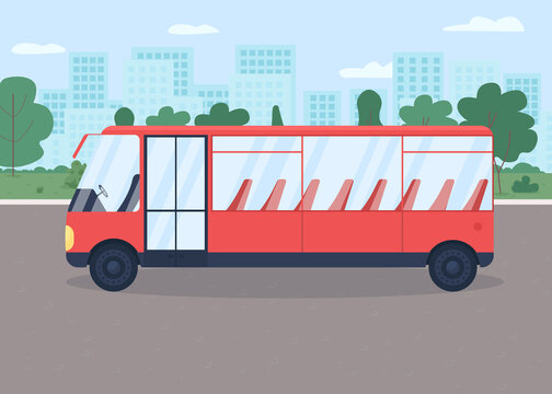 Bus on street flat color vector illustration. City transit. Vehicle for passengers in downtown district. Town transport. Public transportation 2D cartoon scene with cityscape on background