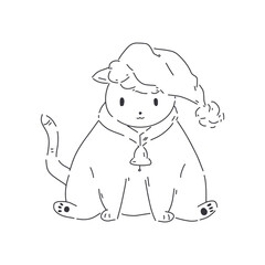 Cute christmas illustration on white background. Funny plumpy cat on santa hat. Vector  line illustration for greeting cards, packaging, postcard, banners. Christmas  cat