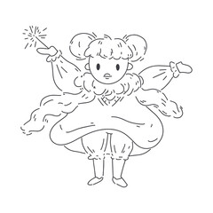 Cute christmas illustration on white background.Pretty girl on dress with sparkler. Vector  line illustration for greeting cards, packaging, postcard, banners. Happy winter vacation. Merry christmas 