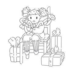 Cute christmas illustration on white background. Little girl holding sweets. Gifts boxes around. Vector line illustration for greeting cards, packaging, postcard, banners. Merry christmas