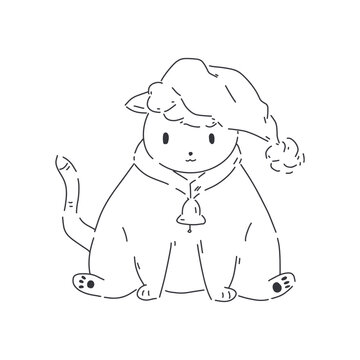 Cute christmas illustration on white background. Funny plumpy cat on santa hat. Vector  line illustration for greeting cards, packaging, postcard, banners. Christmas  cat