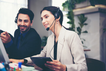 Call center and customer service team support for information operator at work. People woman...