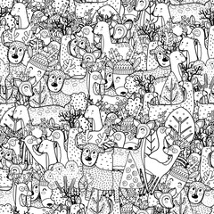 Doodle deers black and white seamless pattern. Funny winter reindeers coloring page