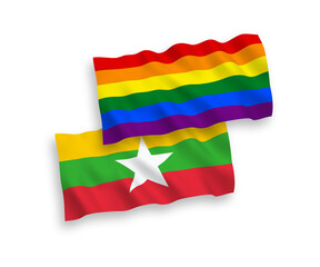 National vector fabric wave flags of Rainbow gay pride and Myanmar isolated on white background. 1 to 2 proportion.