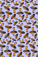 Seamless repeating pattern. Orange chanterelle mushrooms on a green background. Freehand sketch with dark outline.